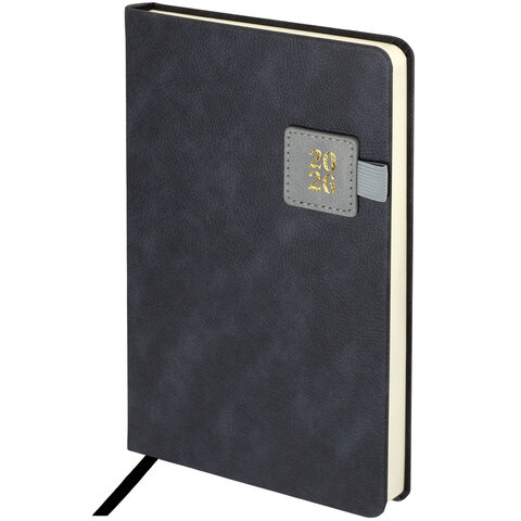 Ежедневник датированный 2026 А5 138х213 мм, BRAUBERG "Accent", под кожу, держатель, серый, 117385