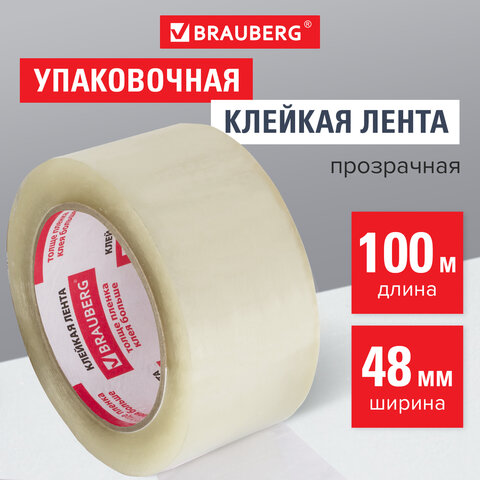 Скотч (клейкая лента) 48 мм х 100 м, упаковочная, BRAUBERG (БРАУБЕРГ), прозрачная, гарант. длина, 45 мкм, 221109/440174