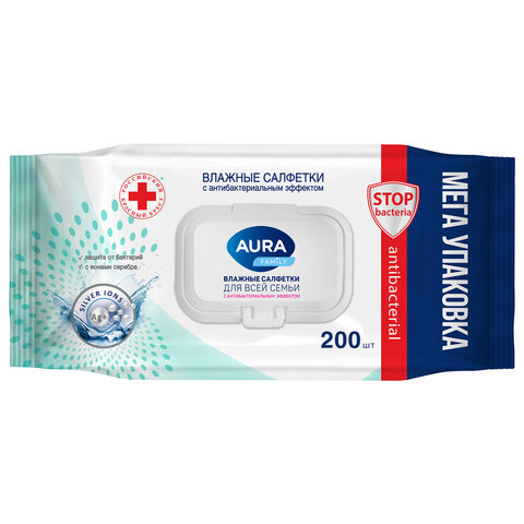 Салфетки влажные 200 шт., AURA Family, антибактериальные, для всей семьи, крышка клапан, 10394  117694  270364