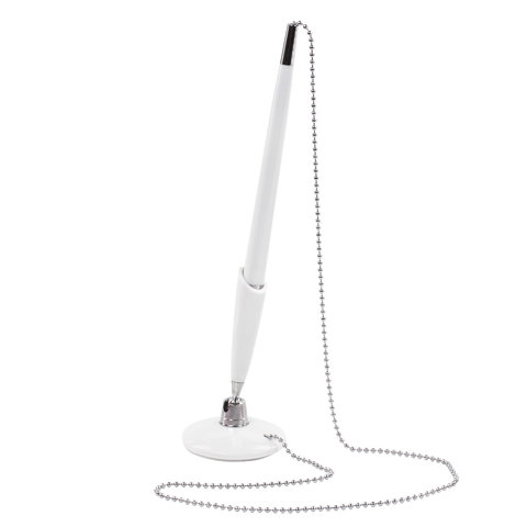 Ручка шариковая настольная BRAUBERG &quot;СТЕНД-ПЕН УАЙТ1&quot;, на цепочке, с клейким основанием, цвет корпуса белый, синяя, 141044