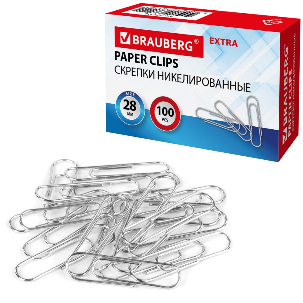 Скрепки 28 мм никелированные 100 штук, 271312  EXTRA BRAUBERG