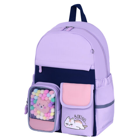 Рюкзак BRAUBERG PASTEL с термо-нашивками в комплекте, &quot;Lazy cat&quot;, сиреневый, 40х29х14 см, 271422