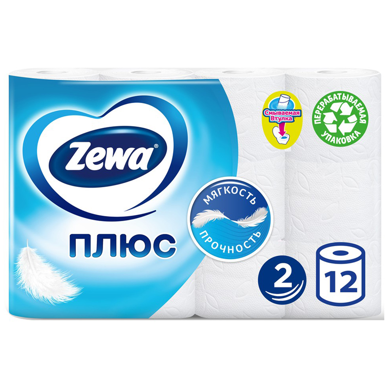 Бумага туалетная бытовая, спайка 12 штук, 2-х слойная (12х23 м), ZEWA Plus, белая, 144090/153204/124051 / 103246