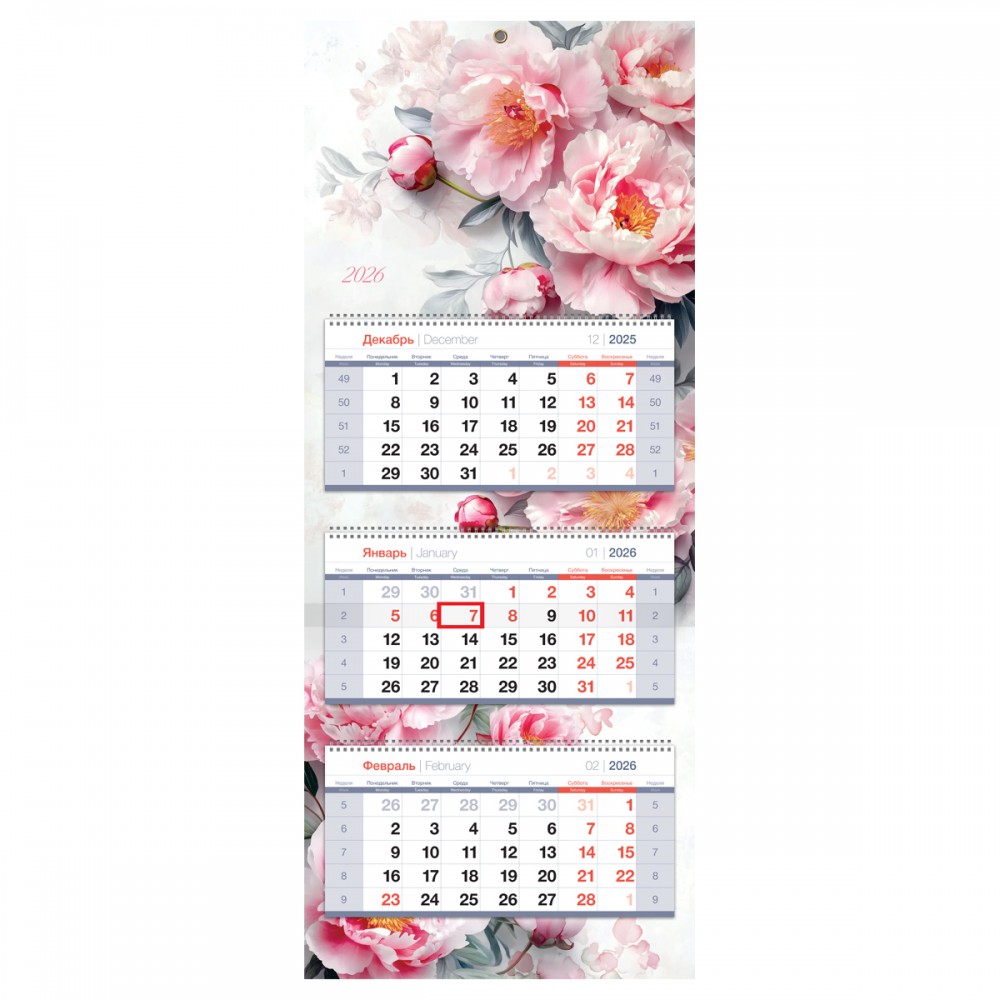 Календарь квартальный 3 бл. на 3 гр., 330*810 мм BG Premium "Пионы", с бегунком, 2026г. 380973