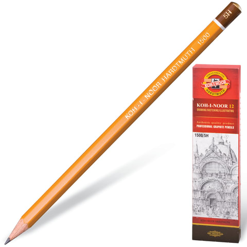 Карандаш ч/гр  5H KOH-I-NOOR 1500, 1 шт., без резинки, корпус желтый, заточенный, 150005H01170/180481/012723