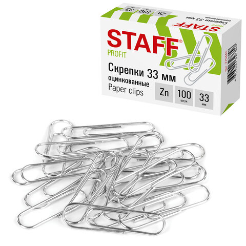 Скрепки 33 мм, оцинкованные, 100 шт., в картонной коробке, 270445 STAFF