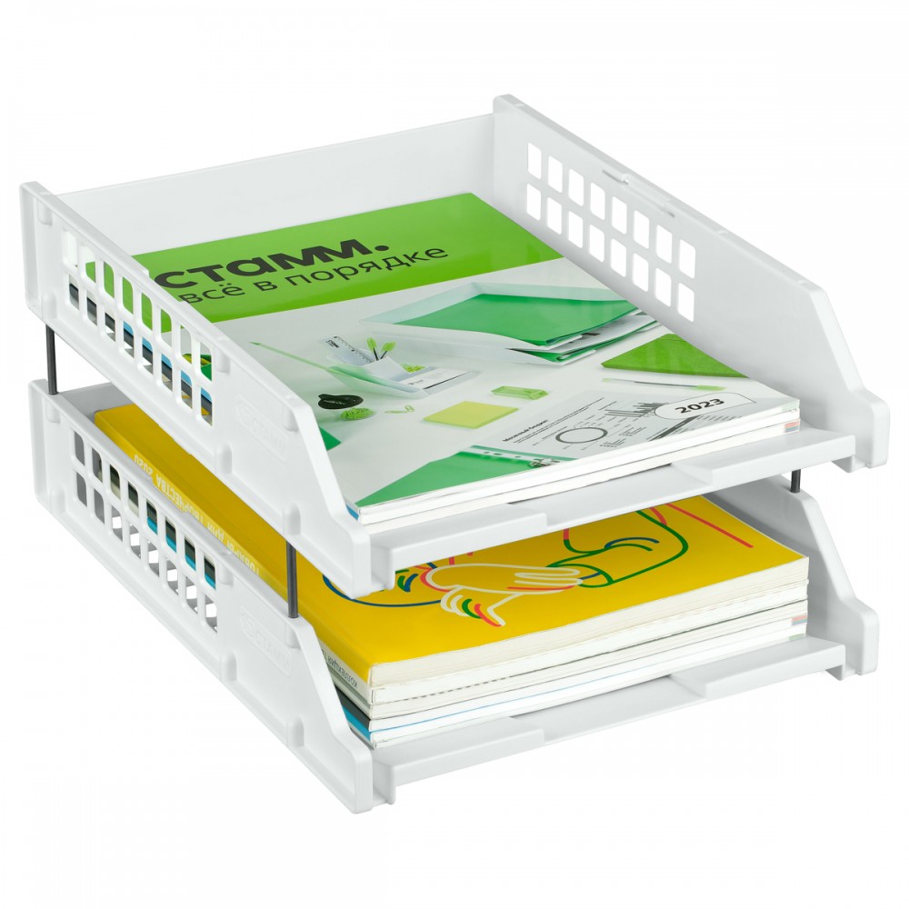Лоток для бумаг горизонтальный СТАММ &quot;Strong&quot;, набор 2шт., на метал. стержнях, белый 370903 ЛТГ-31717