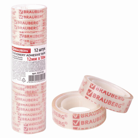 Клейкие ленты 12 мм х 10 м канцелярские BRAUBERG, прозрачные, гарантированная длина, 223122