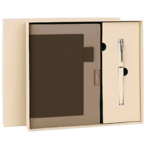 Ежедневник в наборе с ручкой А5, 144x210 мм, BRAUBERG &quot;Style&quot; под кожу, 160 листов, бежевый, 116861