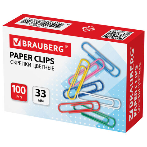 Скрепки 33 мм, цветные, 100 шт., в картонной коробке, 270444  BRAUBERG