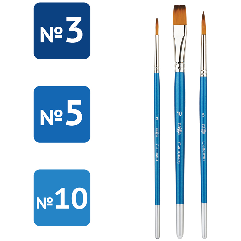 Набор кистей Гамма &quot;Классические&quot; 3шт., синтетика, круглые № 3, 5, плоская № 10, блистер, европодвес 323096  280618.11.27