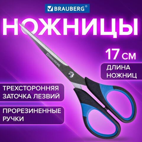 Ножницы 170 мм, BRAUBERG &quot;Office-Expert&quot;  сине-черные, резиновые вставки, 3-х сторонняя заточка, 231561