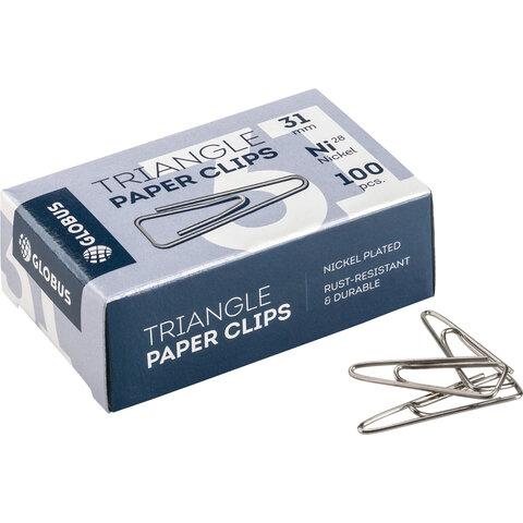 Скрепки 31 мм, никелированные, с загнутым краем, треугольные, 100 шт., в картонной коробке, GLOBUS, С31-100Н   224971  323941