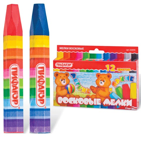 Восковые мелки утолщенные ПИФАГОР 12 цв., на масляной основе, яркие цвета, 222970