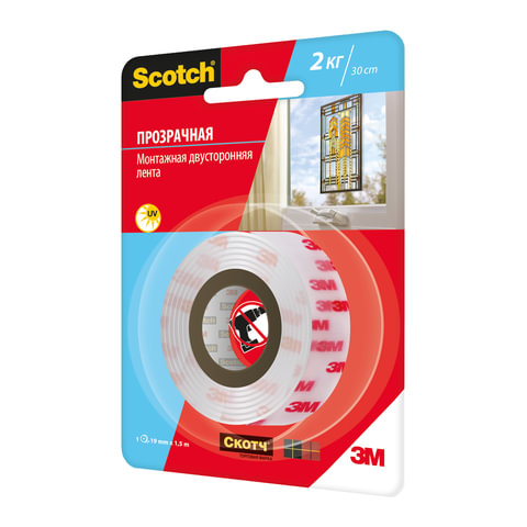 Монтажная прозрачная двухсторонняя лента 19 мм х 1,5 м, акриловая, 1 мм, подвес, SCOTCH, 4004-1915 /602857