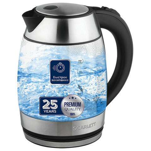 Чайник SCARLETT SC-EK27G94, 1,7 л, 2200 Вт, закрытый нагревательный элемент, стекло, черный  455917
