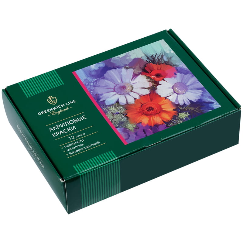 Краски акриловые Greenwich Line, 12 цветов, металлик, перламутр, флуор., блестки, 20мл, картон 235668/Акр_6730