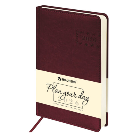 Ежедневник датированный 2026 А5 138x213 мм, BRAUBERG &quot;Imperial&quot;, под кожу, бордо, 117060