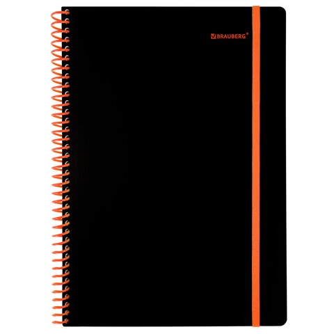 Тетрадь обложка пластик, А4 80 л., спираль пластик, резинка, клетка, BRAUBERG, черный/оранжевый, 405382