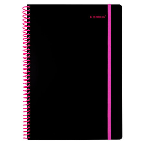 Тетрадь обложка пластик, А4 80 л., спираль пластик, резинка, клетка, BRAUBERG, черный/розовый, 405380