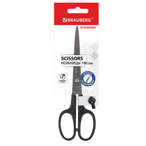 Ножницы BRAUBERG &quot;Standard&quot; 180 мм, черные, классической формы, 2-х сторонняя заточка, 237096