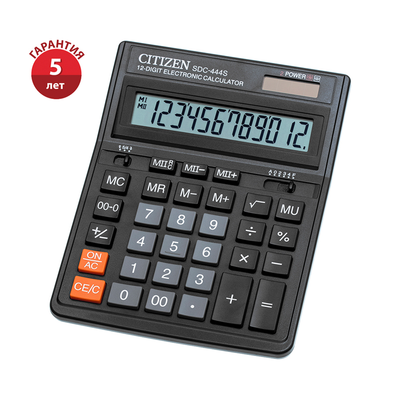Калькулятор CITIZEN SDC-444S 12 разрядов, двойное питание, 153*199*31мм, черный