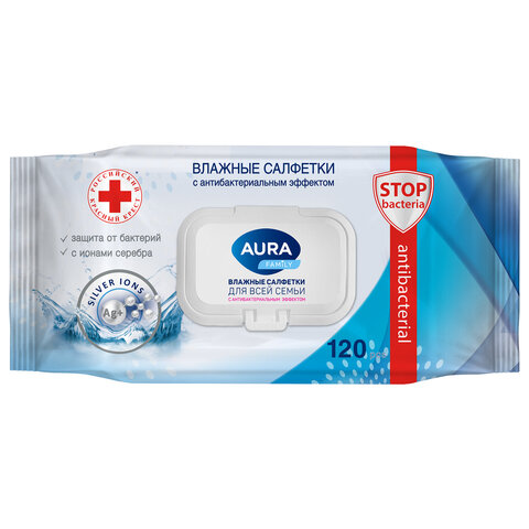 Салфетки влажные 120 шт., AURA Family, антибактериальные, для всей семьи, крышка клапан, 92342, 14622, 117687