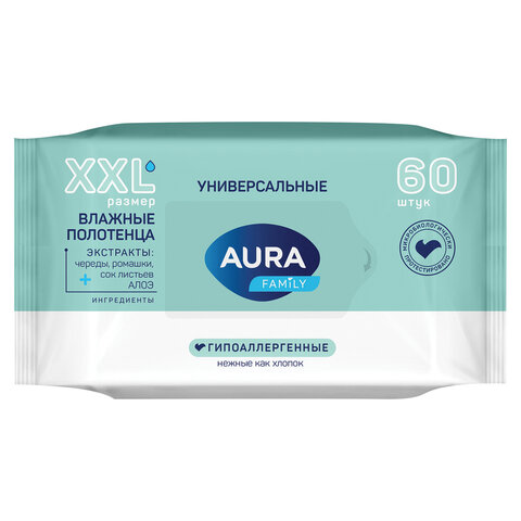 Полотенца влажные 60 шт., AURA &quot;Family&quot;, универсальные, 14403  117682