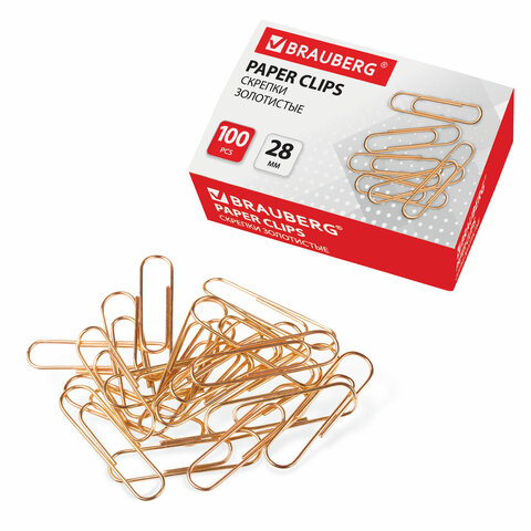 Скрепки 28 мм, золотистые,  BRAUBERG, 100 шт., в картонной коробке, 221529