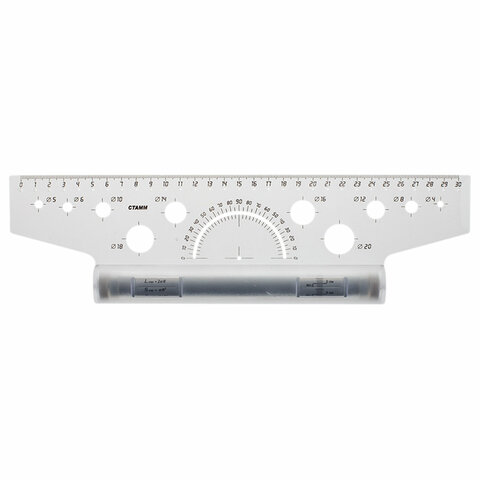 Линейка с роликом (рейсшина) 30 см, металлический ролик, с транспортиром, прозрачная, ЛР-30478  210481