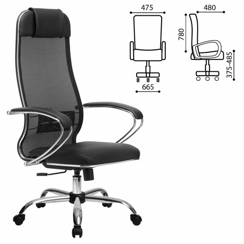 Кресло офисное МЕТТА &quot;К-5.1&quot; хром, ткань-сетка/кожа, сиденье мягкое, черное  532452