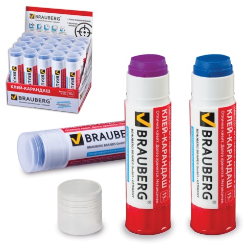 Клей-карандаш BRAUBERG 15 г, обесцвечивающийся, цветной, 220874