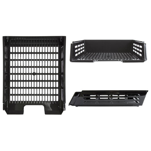 Лоток горизонтальный для бумаг BRAUBERG &quot;Basic&quot;, А4 (270х360х75 мм), с пазами, сетчатый, черный 237011