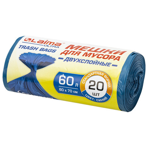 Мешки для мусора LAIMA &quot;ULTRA&quot; 60 л синие, в рулоне 20 шт. прочные, ПВД 21 мкм, 60х70 см, 607687
