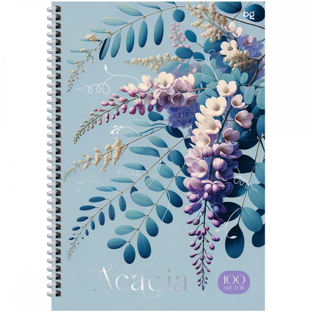 Тетрадь 100л., А4 клетка на гребне BG &quot;Цветы. Акация&quot;, матовая ламинация, тиснение фольгой, твердая обложка ТТ4гр100_лм_тф 63220 373403