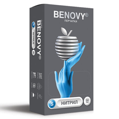 Перчатки нитриловые смотровые 50 пар (100 штук), размер 6-7, S (малый), BENOVY Nitrile Chlorinated, 630678