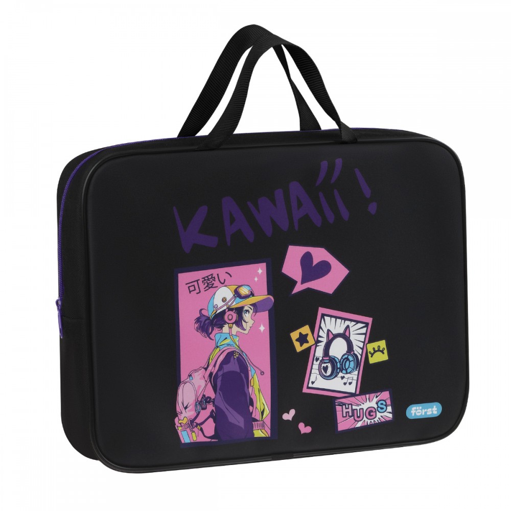 Папка текстильная с ручками 1 отделение, А4 Först &quot;Kawaii&quot;, 350*265*80мм, текстиль, на молнии 379300 FT-FB-A40529