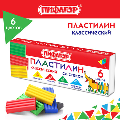 Пластилин классический ПИФАГОР &quot;Веселая такса&quot;, 6 цветов, 90 г, СО СТЕКОМ, 106674