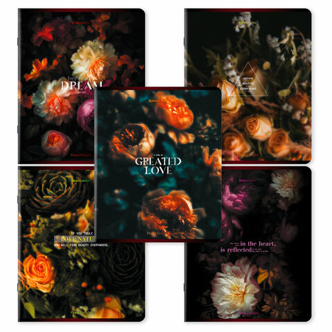 Тетрадь А5, 48 л., BRAUBERG, скоба, клетка, глянцевый лак, "Цветы", (микс в спайке), 405333