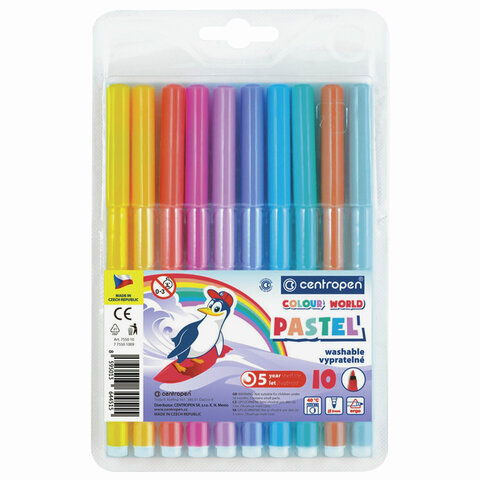 Фломастеры ПАСТЕЛЬНЫЕ 10 ЦВЕТОВ CENTROPEN "Colour World Pastel", смываемые, 7550/10TP, 7 7550 1087/152078