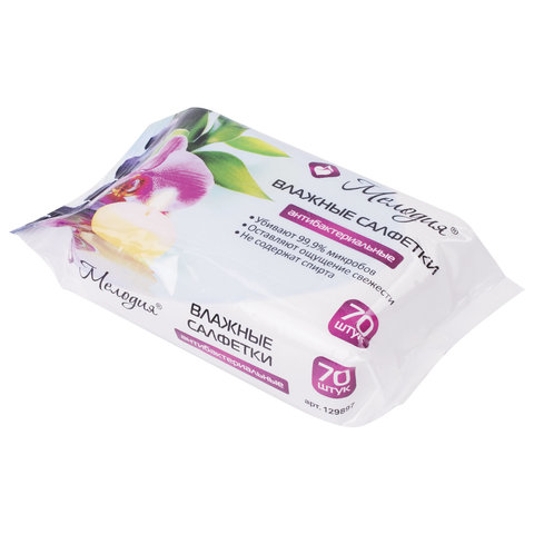 Салфетки влажные, 70 шт., МЕЛОДИЯ, антибактериальные, 129897