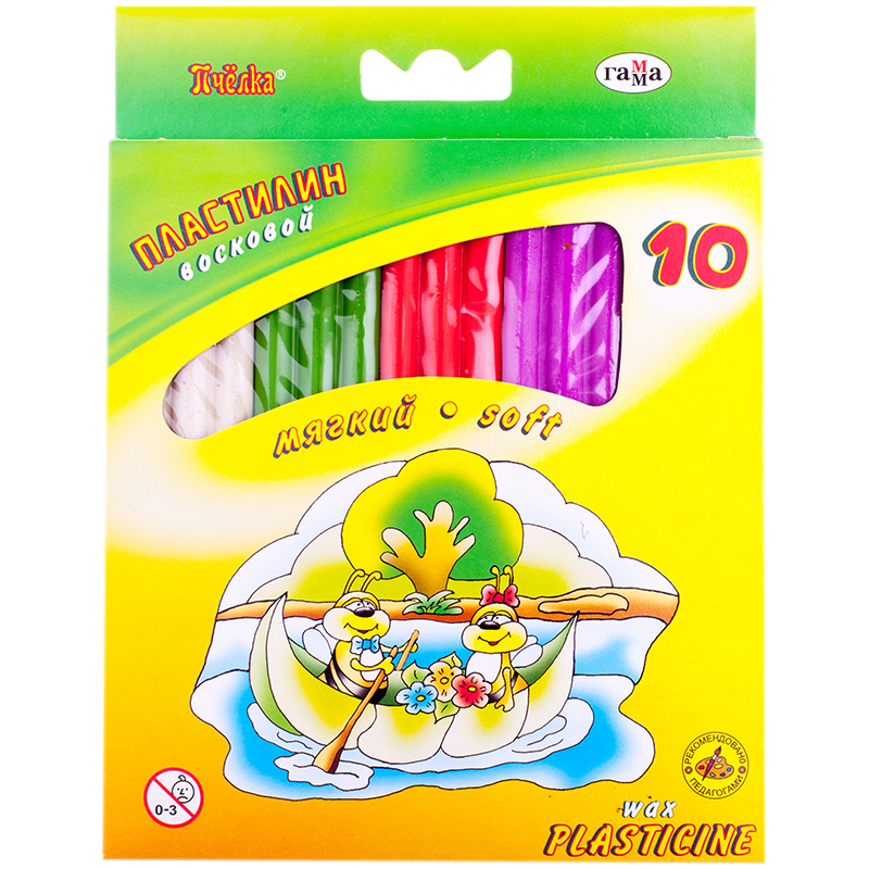 Пластилин 10 цветов, &quot;Пчелка&quot;восковой, со стеком, картон с европодвесом, 280031Н, 103614/283175