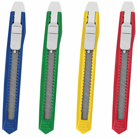 Нож канцелярский 9 мм, STAFF, фиксатор, цветной корпус ассорти, упаковка с европодвесом, 230484/237080