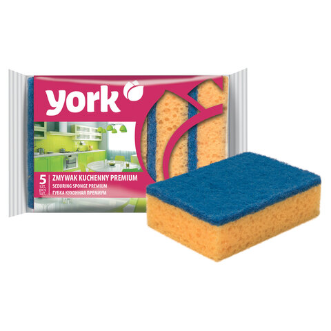 Губки бытовые MAXI, 3х10х7,5 см, КОМПЛЕКТ 5 шт., поролон/абразив, для посуды/уборки PREMIUM, YORK, 30300/ 608391