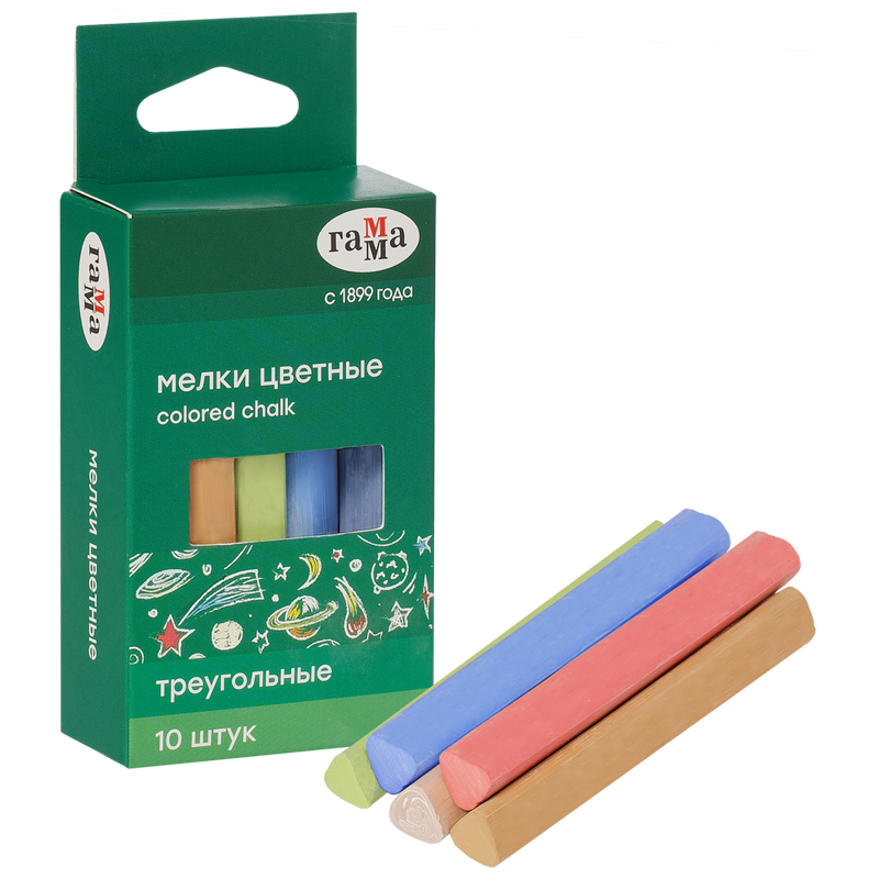 Мелки школьные Гамма, цветные, 10шт., мягкие, треугольные, картонная упаковка, европодвес 300262  909192