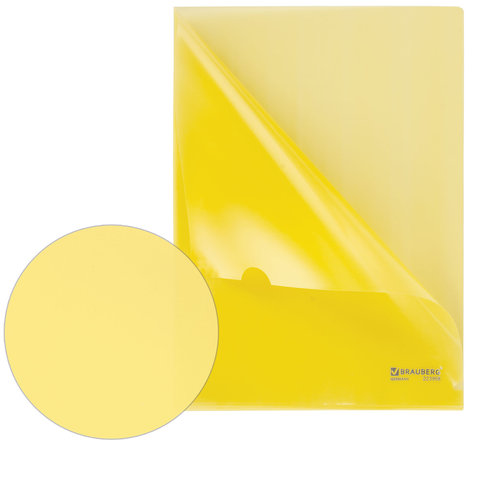 Папка-уголок А4 жесткая BRAUBERG, желтая, 0,15 мм, 223968