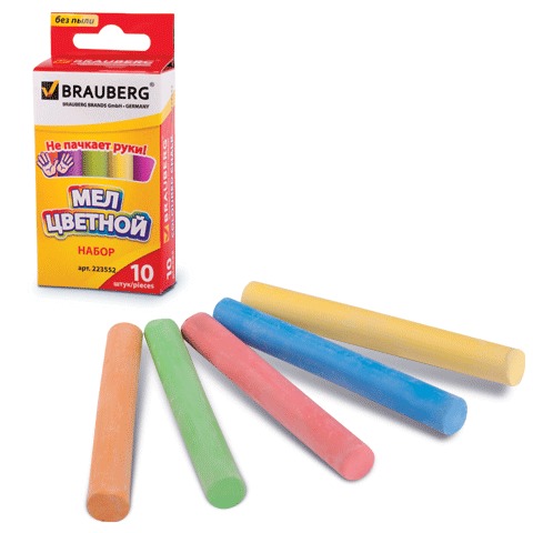 Мел цветной BRAUBERG, антипыль, набор 10 шт., круглый, картонная упаковка, 223552