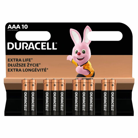 Батарейки КОМПЛЕКТ 10 шт., DURACELL Basic ОРИГИНАЛ, AAA (LR03, 24А), алкалиновые, мизинчиковые  456787