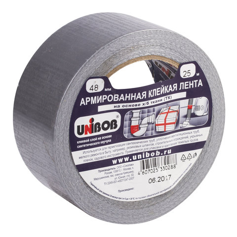 Клейкая лента армированная, 48 мм х 25 м, UNIBOB, основа-х/б ткань, прочная, европодвес, 600855