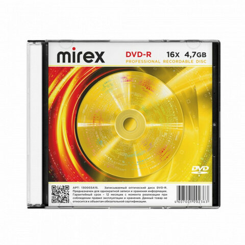 Диск DVD-R MIREX, 4,7 ГБ, 16x, Slim Case, 1 штука, UL130003A1S 514007